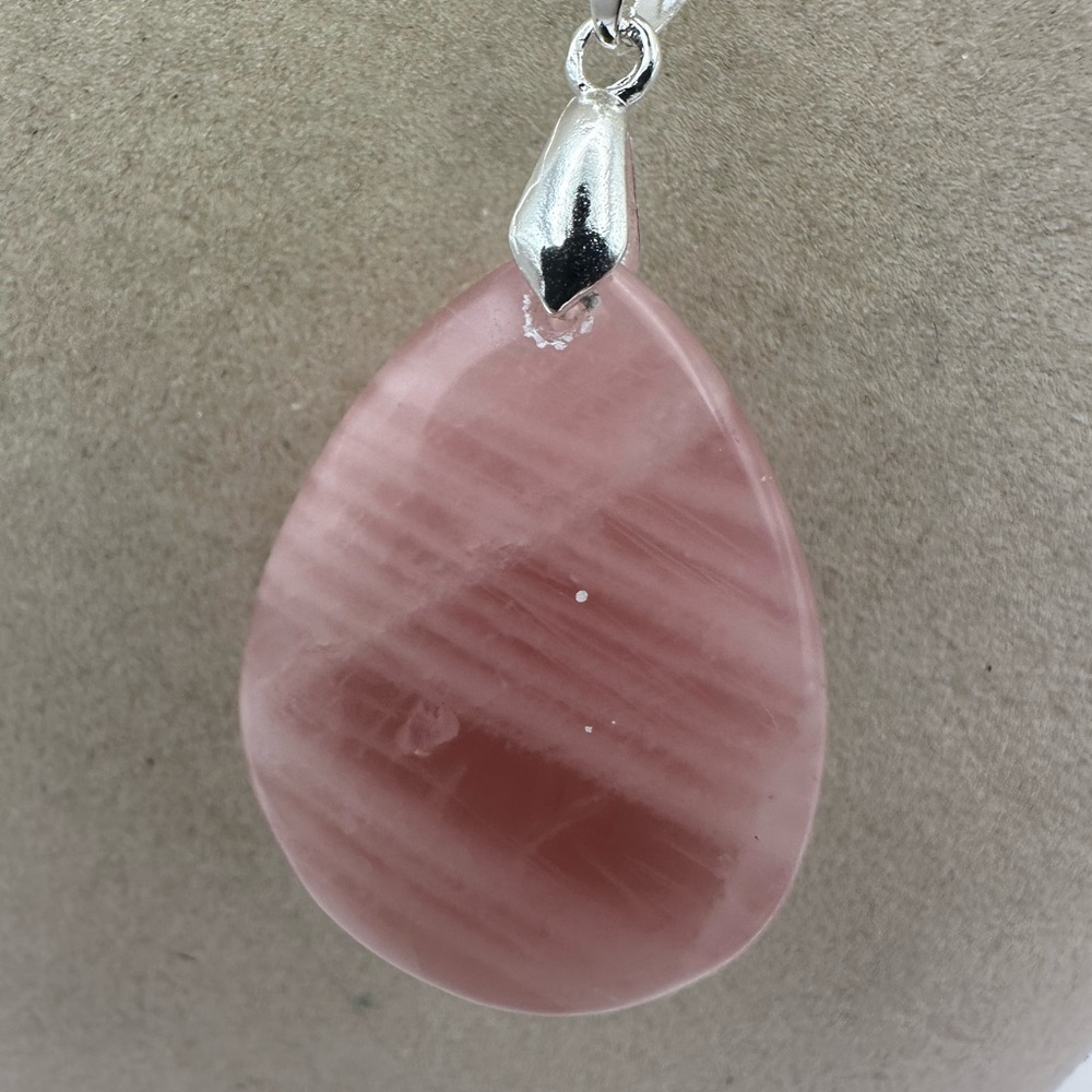 Madagascar Rose Quartz Teardrop Pendant Necklace on Silver Plated Box Chain - Picture 6 of 11